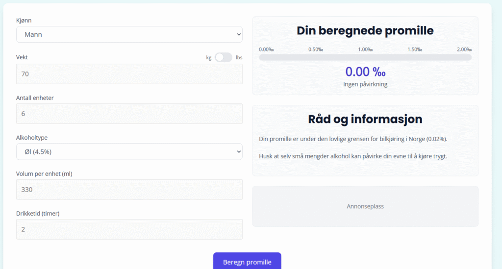 Alkohol kalkulator som måler BAC-nivå og viser når du blir edru